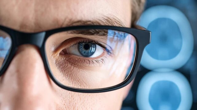Close up of a blue eye wearing glasses reflecting digital data and abstract blue orbs