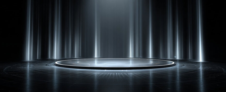 Futuristic empty stage with circular podium and dramatic vertical light beams in a dark, high-tech setting