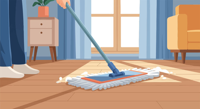 Person cleans wooden floor with a mop in a sunlit room