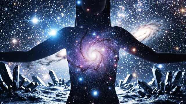 Woman silhouette with a galaxy spiral starfield in torso across different space environments for science fiction concept