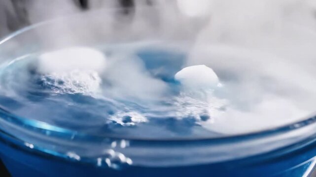 A blue liquid in a glass container emitting white smoke