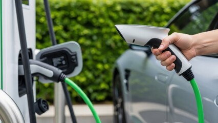 Hand holding an electric car charging plug at a public charging station