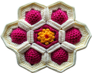 Hexagon bloom with a tiny heart center.