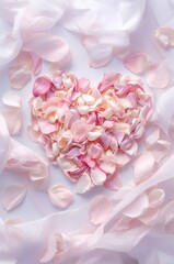 Obraz premium Heart made of pink petals is scattered on a white background
