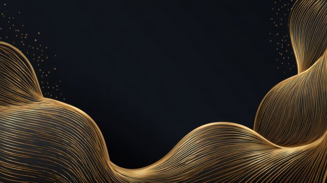 Elegant thin golden flowing waves on black background forming a stylish minimal frame for celebration design