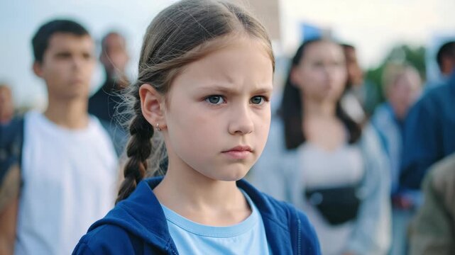 Young girl with braided hair and a serious expression looks into camera among blurred crowd outdoors