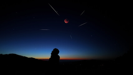 Fototapeta premium Amateur astronomer observing stars, planets, Moon eclipse and other celestial objects.