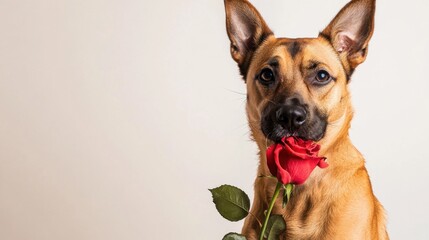 Cute brown dog holding red rose in mouth sitting against plain background for Valentine&rsquo;s Day photo