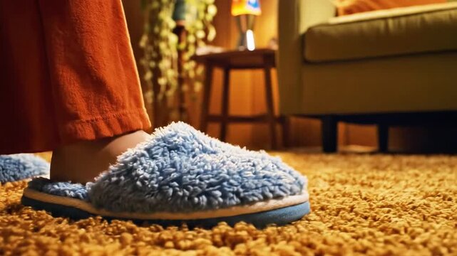 A person's legs in orange pants and blue fuzzy slippers standing on a shaggy yellow carpet