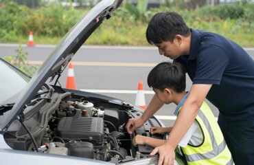 Father and Son Troubleshooting Car Engine Breakdown on Roadside with Safety Cones, Exploring Automotive Maintenance