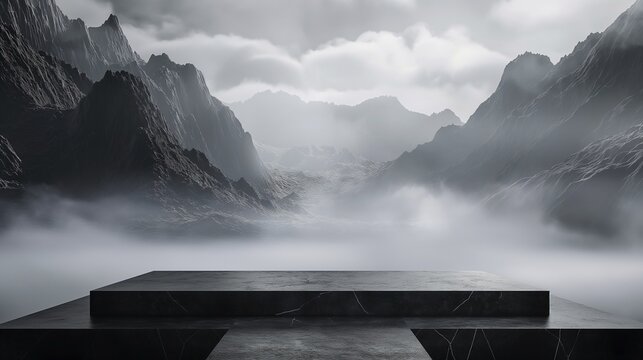 A dark stone platform stands prominently in the foreground against a backdrop of misty mountains. The scene is enveloped in clouds, adding a mysterious feel to the landscape. The rugged and dramatic