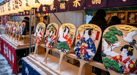 Fototapeta premium Traditional Japanese Daruma Dolls at Street Market Stall
