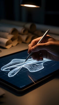 Designer sketching abstract 3D parametric wireframe on tablet screen.
