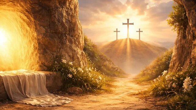 Empty tomb and three crosses on hill with golden sunrise symbolize Easter resurrection hope and Christian faith