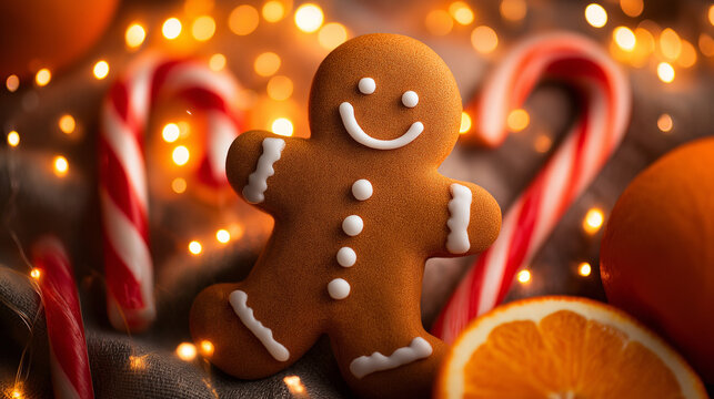 Kue Gingerbread Man yang Lucu dengan Permen Tongkat dan Jeruk di Latar Belakang Lampu Natal yang Hangat