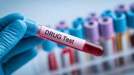 Fototapeta premium Blood Sample Tube Labeled Drug Test in Laboratory – Medical Toxicology and Doping Control Concept