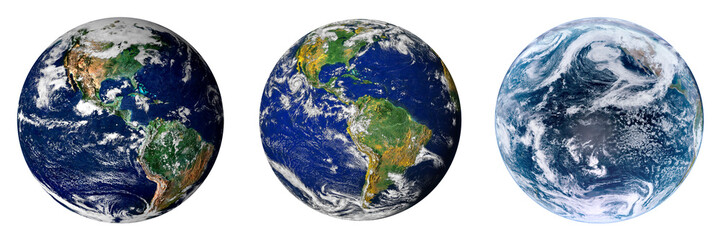 Fototapeta premium Set Of Three Earth Globes Isolated On White Background With World Map Satellite View. Elements of this image furnished by NASA.