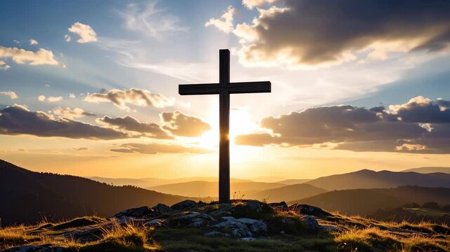 Silhouette of wooden cross on hilltop at sunset with dramatic clouds and golden light illuminating mountains
