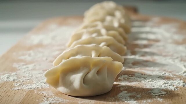 Handmade uncooked dumplings are carefully lined up in a row on a wooden cutting board lightly dusted with white flour ready for cooking preparation.