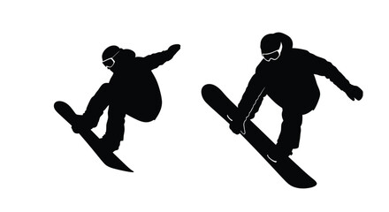 Silhouettes of two snowboarders performing aerial tricks in mid air