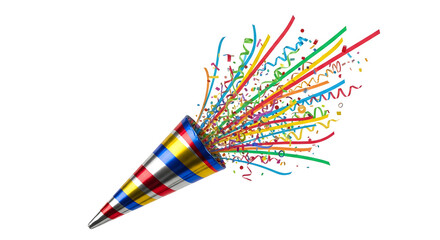 A vibrant party popper exploding with a burst of colorful confetti and streamers against a clean white background, symbolizing celebration and joy.