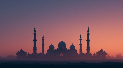 Grand Mosque Silhouette at Sunset with Cinematic Sky Gradient. Mosque Exterior Dusk Symmetry Warm Horizon