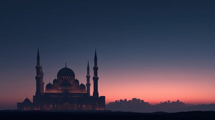 Grand Mosque Silhouette at Sunset with Cinematic Sky Gradient. Mosque Exterior Dusk Symmetry Warm Horizon
