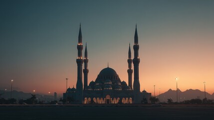 Grand Mosque Silhouette at Sunset with Cinematic Sky Gradient. Mosque Exterior Dusk Symmetry Warm Horizon