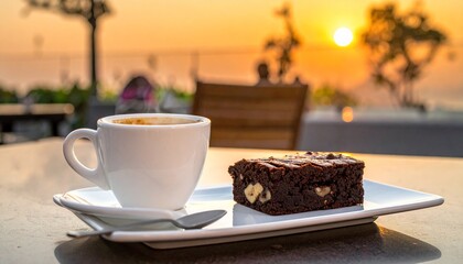 A rich coffee and delicious chocolate brownie served on a wooden table, perfectly paired with a breathtaking sunset view over the horizon, evoking a sense of calm and luxury