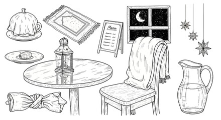 Obraz premium A charming hand-drawn illustration depicts a cozy dining scene with a table, chair, and various decorative elements.