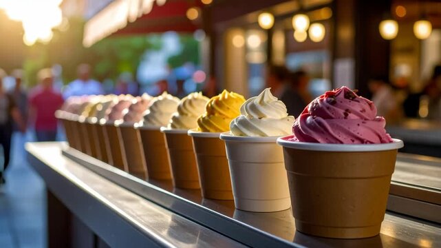 Row of assorted soft serve ice creams in cups on a sunny outdoor counter