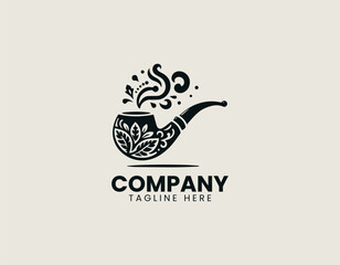 Smoking pipe logo decorated with floral elements in clean modern vector illustration style