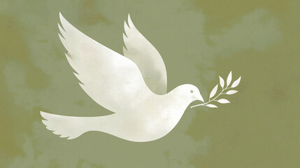 Obraz premium White Dove with Olive Branch on Green Background, Peace Hope and Freedom Symbol, Vintage Illustration