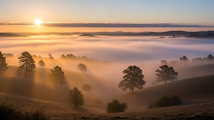 Obraz premium Sunrise over Foggy Valley with Trees on Hill