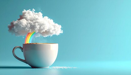 Morning daydream concept &ndash; coffee cup filled with white cloud and rainbow instead of liquid