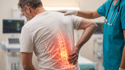 Fototapeta premium Elderly man with severe lower back pain, visualized with a glowing spine, receiving support and examination from a doctor in a medical clinic