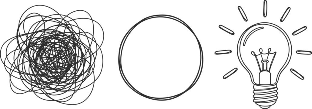 Three icons representing confusion, clarity, and a lightbulb idea on a white background concept thought