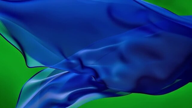 Drak blue silk cloth flying wind providing on green screen background