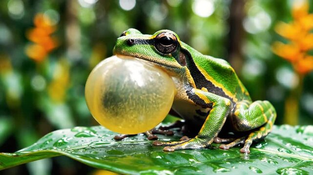 A vibrant green amphibian with inflated throat pouch, sitting on a leaf, with blurred background