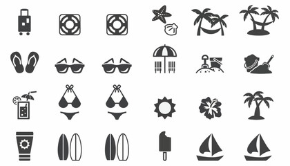 Beach vacation icons depict various summer items and symbols on a white background with kfkd © dale