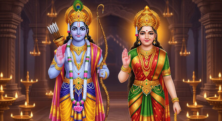 Fototapeta premium Lord rama and sita image hd wallpaper for ram navami festival hindu god and goddess pictures