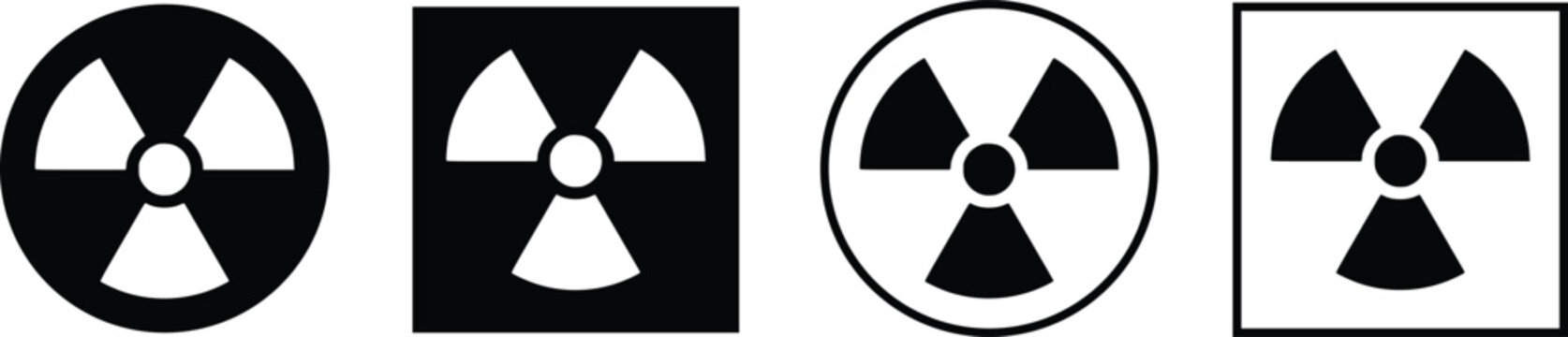 Radiation Hazard Symbol Icon Set, Nuclear Warning Sign Collection in Circle and Square Shapes, Black and White Vector Illustration