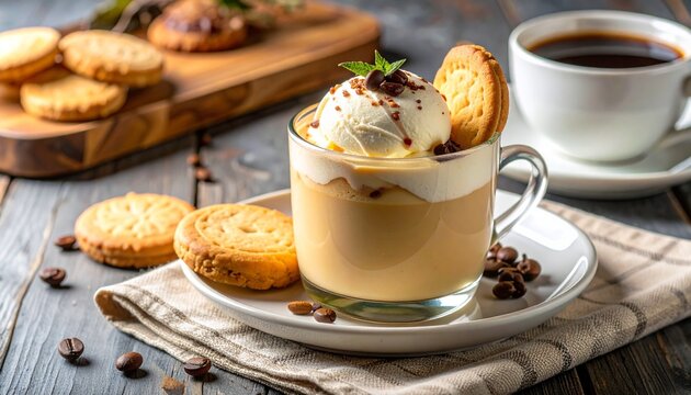 A delicious coffee drink topped with ice cream and cookies, accompanied by a cup of coffee and biscuits on a wooden table