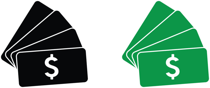 Money stack icon in flat solid style featuring layered banknotes with dollar symbol.