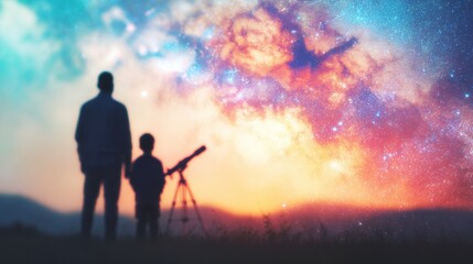 Obraz premium Father and son watching stars with telescope during night sky in nature