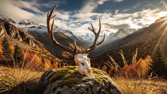 Deer skull antlers autumn mountain landscape golden sunlight