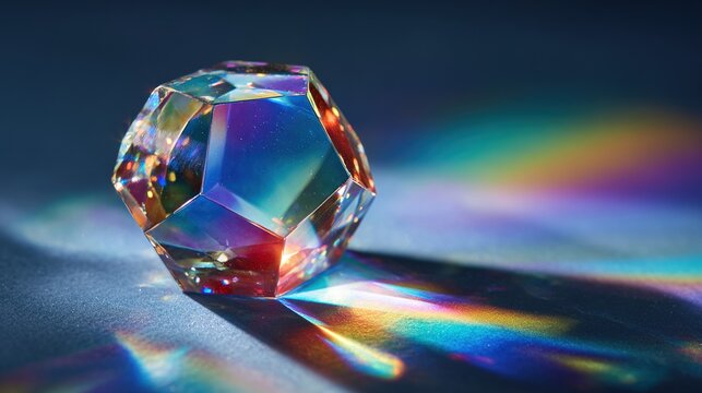icosahedron. A crystal icosahedron refracting rainbow light on a dark background, clean composition. STEM education sheets.