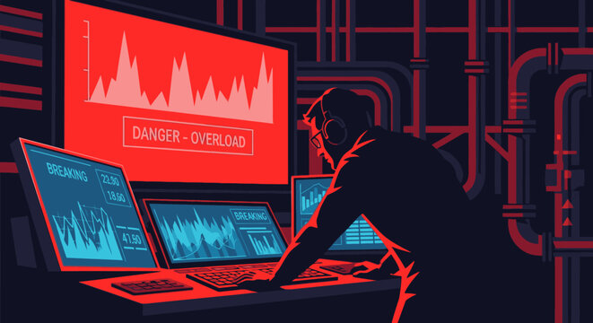 A silhouette of a person monitors multiple screens displaying critical data and a 'DANGER - OVERLOAD' warning in a dark, high-tech control room.