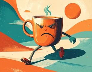 Caffeine rush concept &ndash; grumpy coffee mug growing legs and running away in retro style