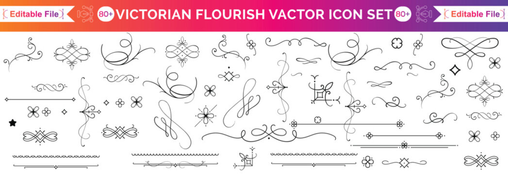 Set of vintage calligraphic design elements featuring ornamental Victorian frames floral borders and decorative retro dividers for classic page decoration